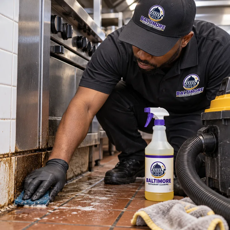 Technician detailing grease buildup at the base of a commercial range and cleaning the floor edge