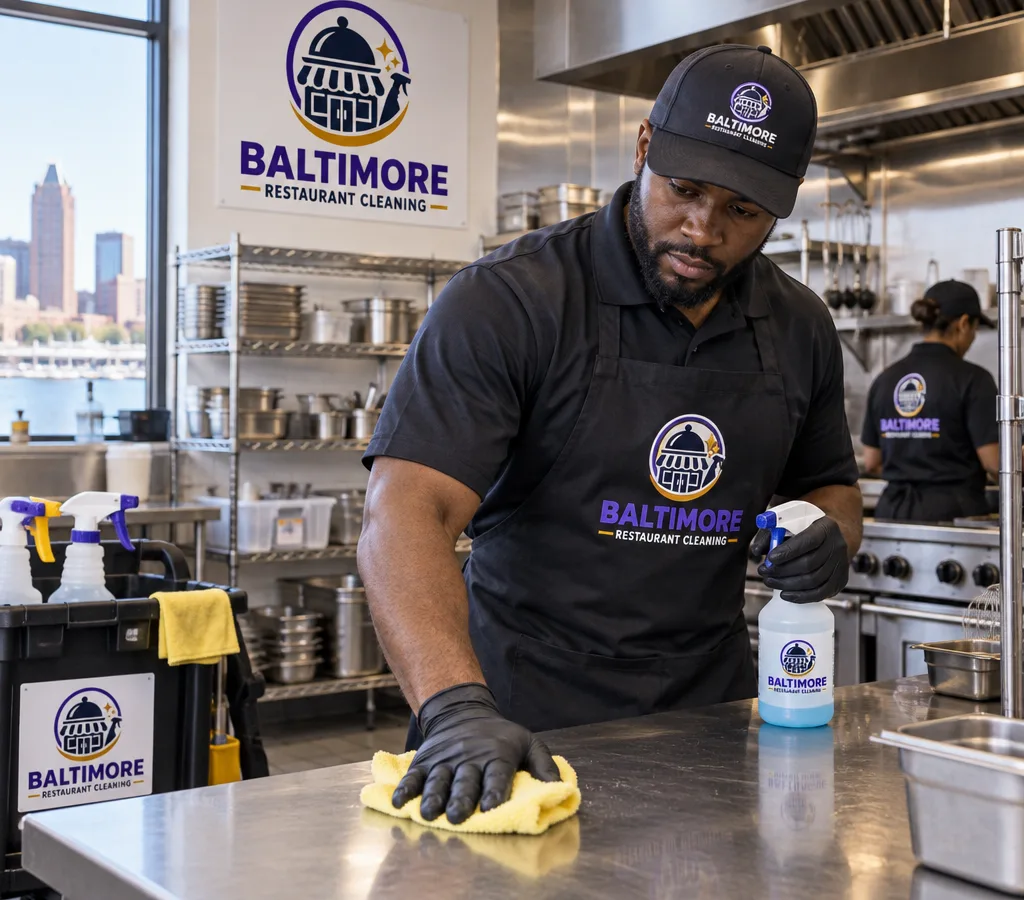 Commercial kitchen crew member in PPE wiping stainless prep tables and equipment exteriors in a Baltimore restaurant kitchen