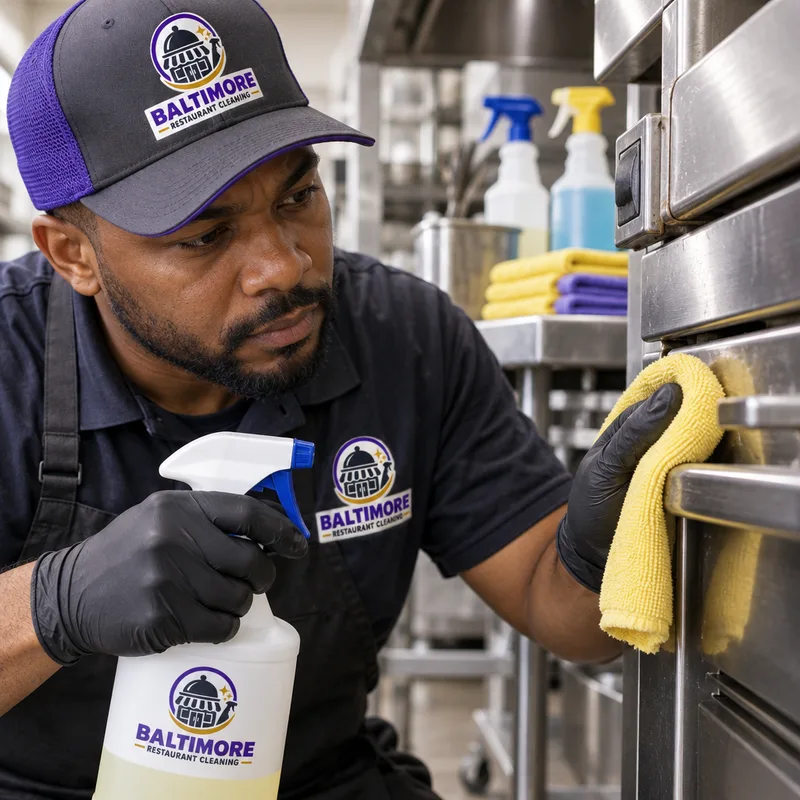 Technician hand-detailing stainless steel equipment seams and handles with food-safe degreaser, labeled bottles, and color-coded cloths