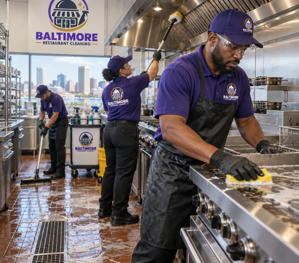 Professional cleaners in PPE deep cleaning a busy commercial kitchen line with stainless equipment, floor drains, and hood-adjacent surfaces visible