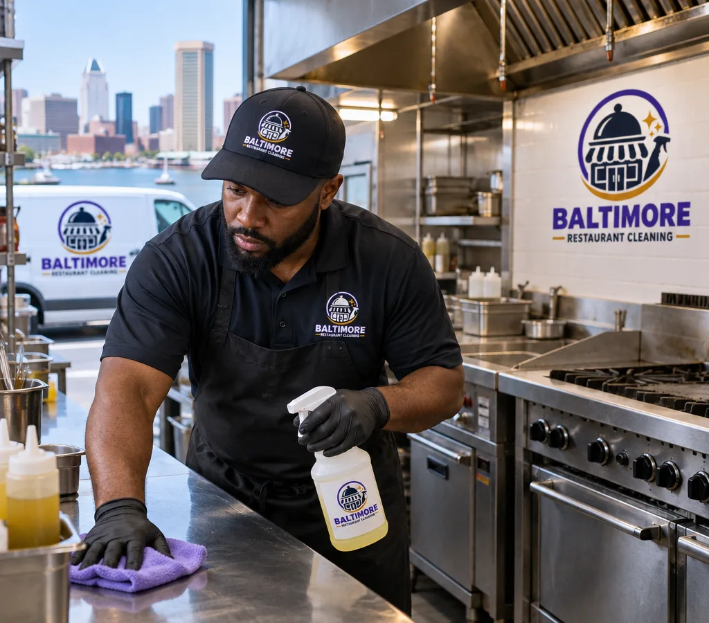Professional cleaner wiping stainless prep surfaces in a Baltimore restaurant kitchen