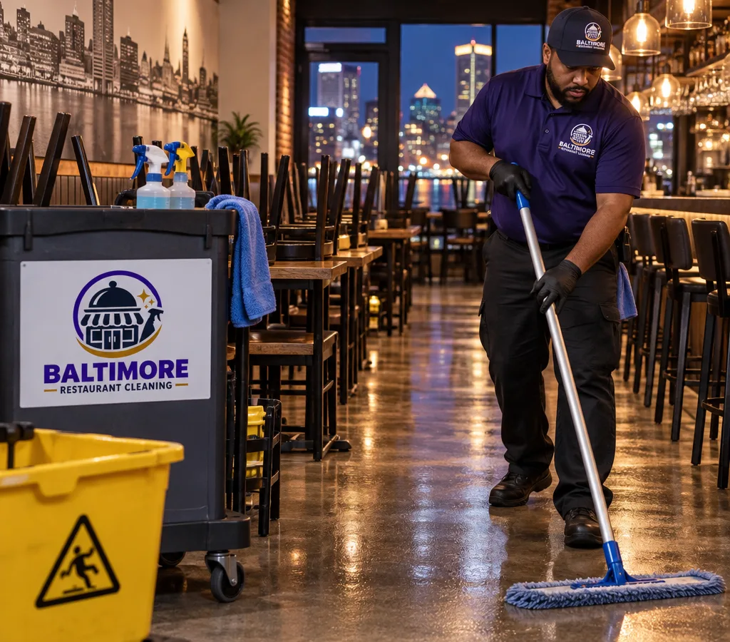 After-hours cleaner mopping a Baltimore restaurant dining room between raised chairs with the bar lights low