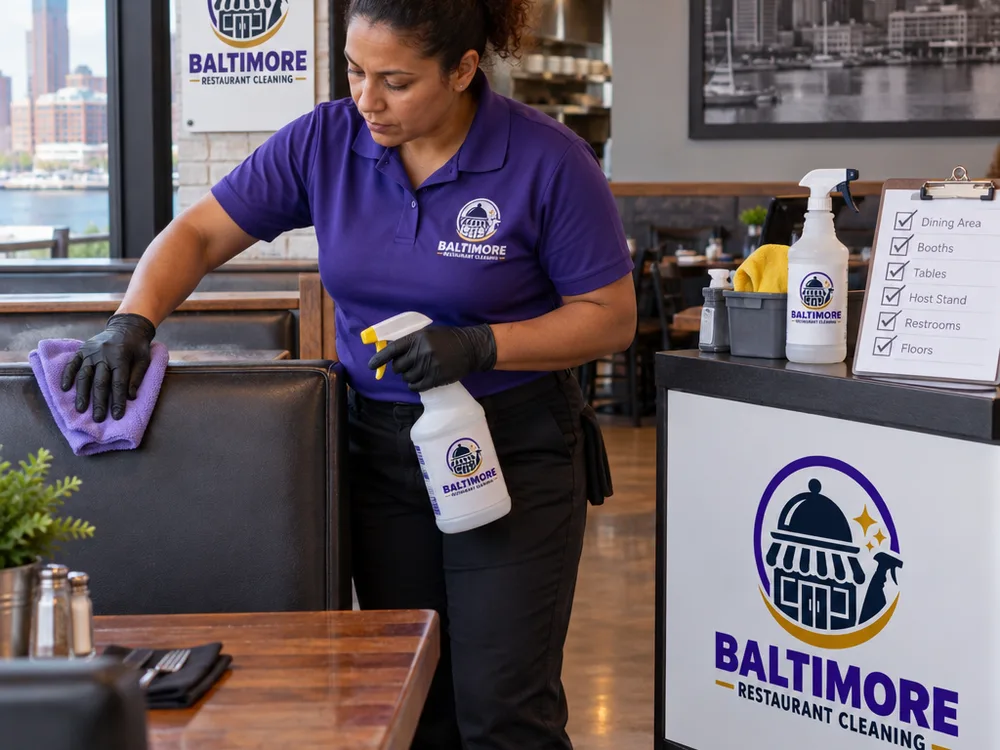 Cleaner wiping booth backs and disinfecting a restaurant host stand with labeled bottles and a visible checklist