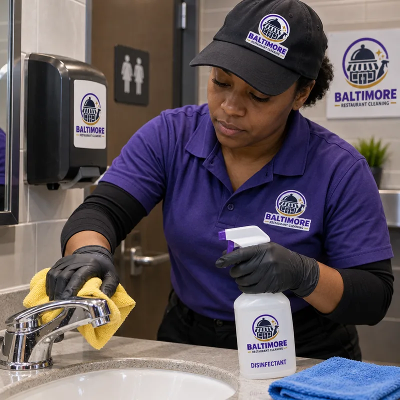 Technician disinfecting restaurant restroom fixtures, dispensers, and touch points