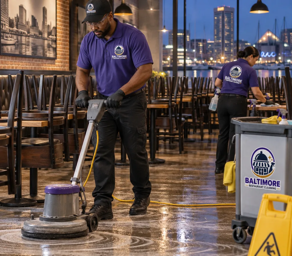 After-hours restaurant cleaners scrubbing floors in a closed Baltimore dining room