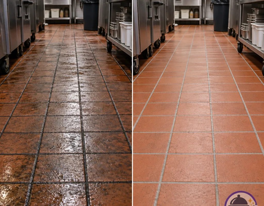 Before and after view of a greasy quarry tile kitchen lane with restored grout contrast