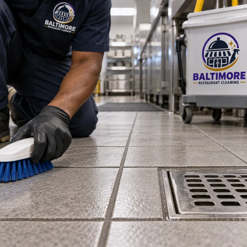 Close-up of detailed restaurant grout lines beside tile edges and a floor drain