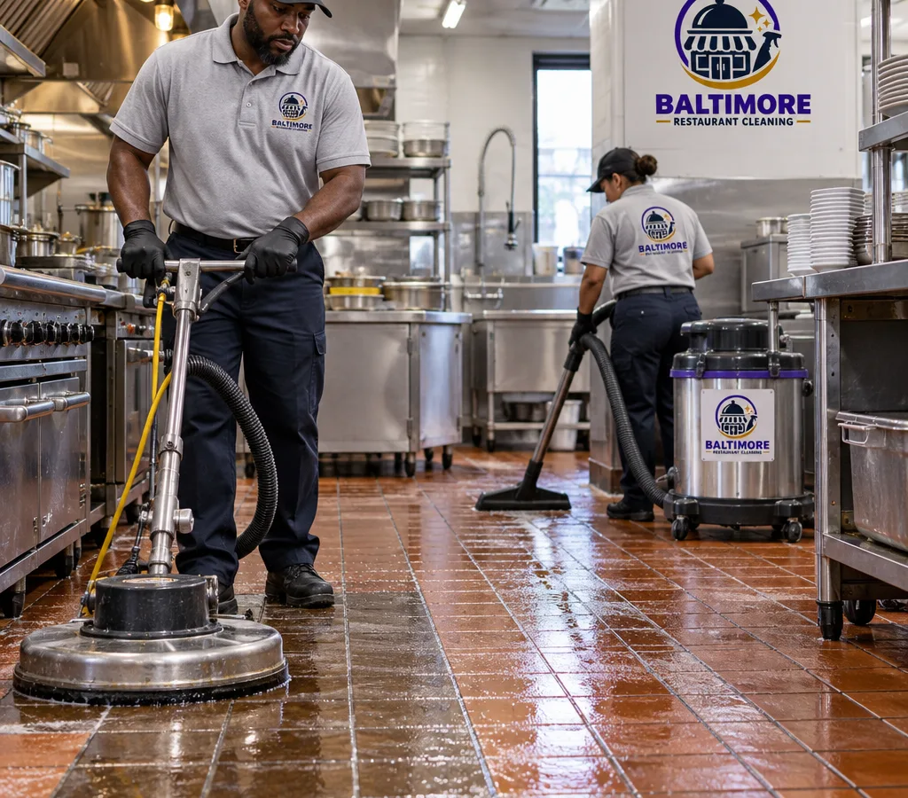 Baltimore commercial kitchen quarry tile floors being mechanically scrubbed and wet-vacuum recovered