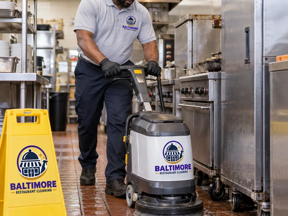 Technician using a low-profile floor scrubber on quarry tile near stainless kitchen equipment