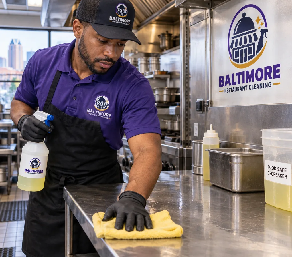 Commercial kitchen crew member cleaning stainless prep tables and backsplash near a cook line with degreasing tools and labeled food-safe cleaners