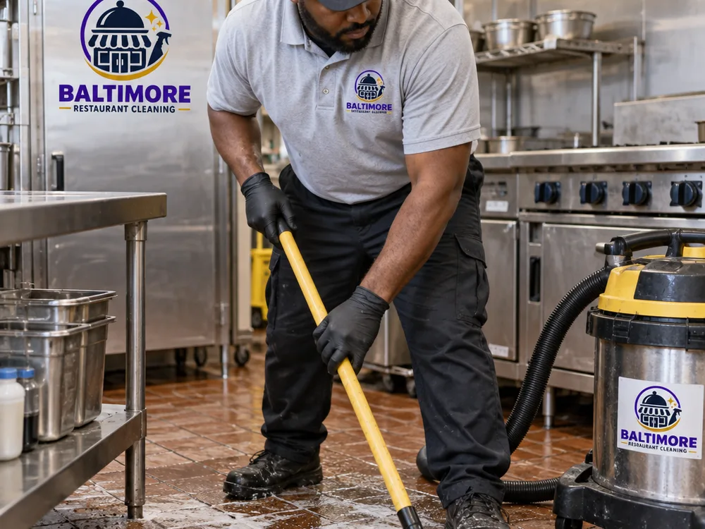Cleaner detailing a commercial kitchen floor around a floor drain with a deck brush and wet-vac