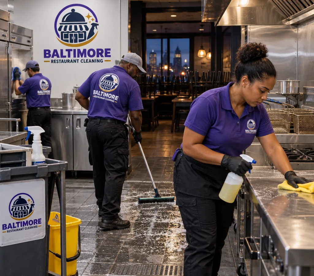 Evening commercial cleaning crew sanitizing a restaurant kitchen line with stainless prep tables, fryer area, and a closed dining room in the background