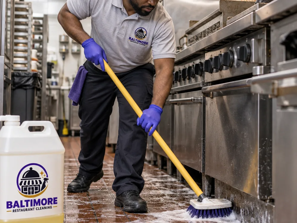 Cleaner using a deck brush and floor degreaser on a commercial kitchen floor near the cook line
