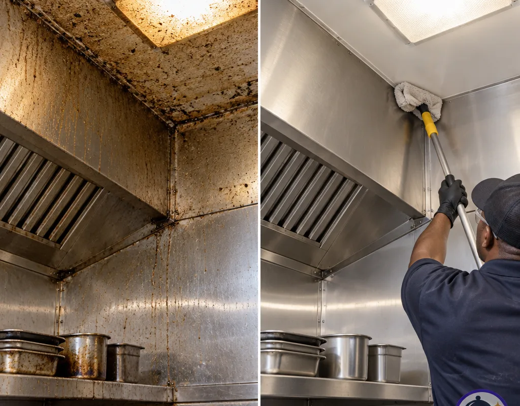 Before-and-after view of a greasy ceiling corner above a cook line following high dusting and wipe-down