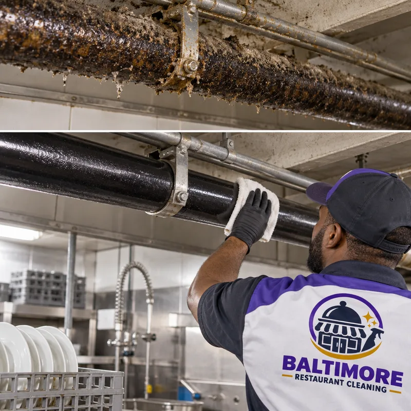Clean overhead pipe run and conduit above a commercial dish area