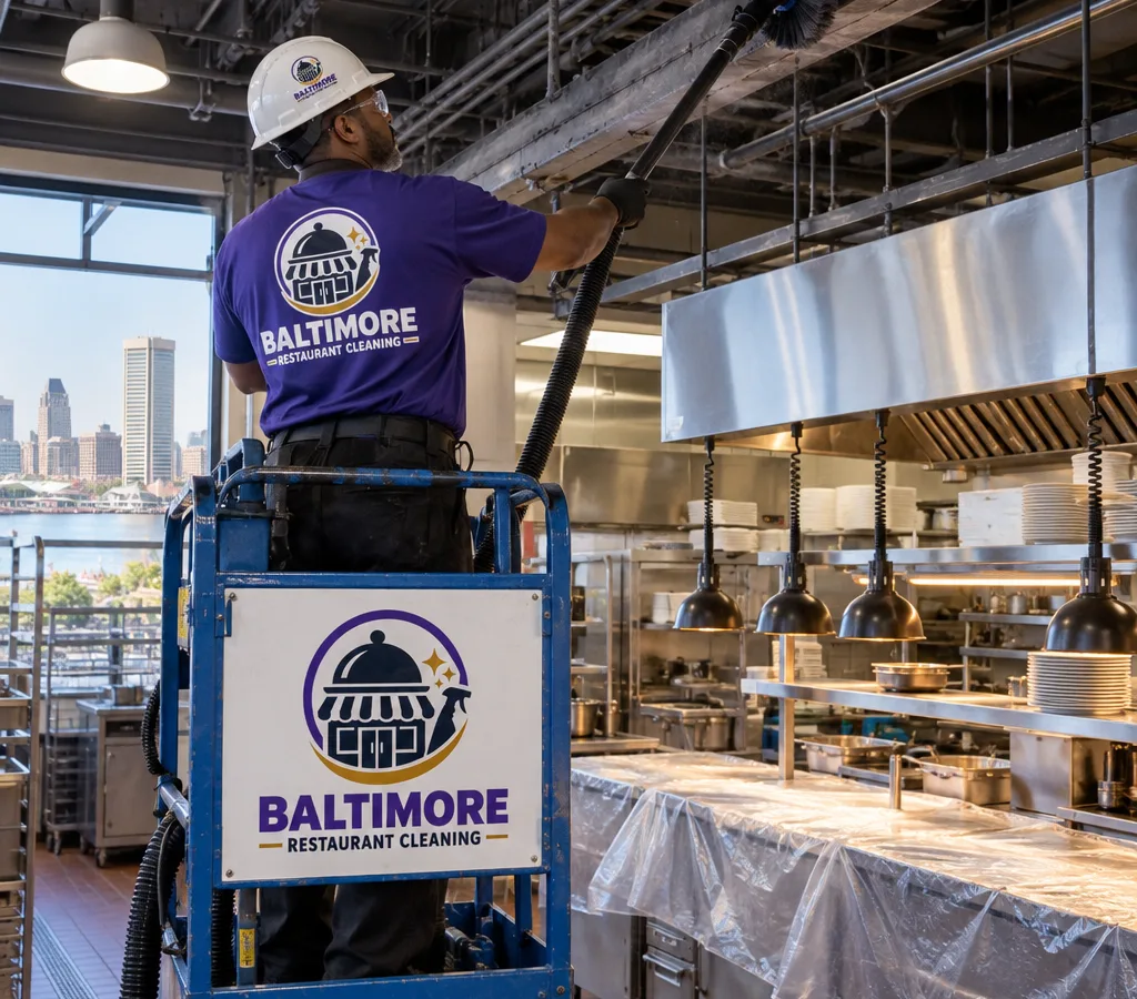 Technician on a lift performing high dusting over a commercial kitchen line while containing debris above prep areas