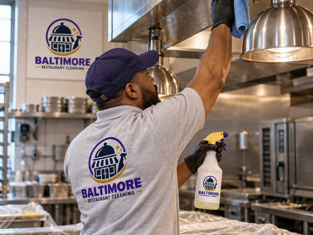 Technician wiping an overhead kitchen beam and light housing while prep tables below remain protected