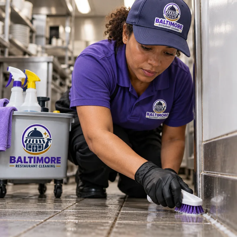 Gloved professional cleaner detailing grout lines and baseboards with labeled commercial cleaning supplies
