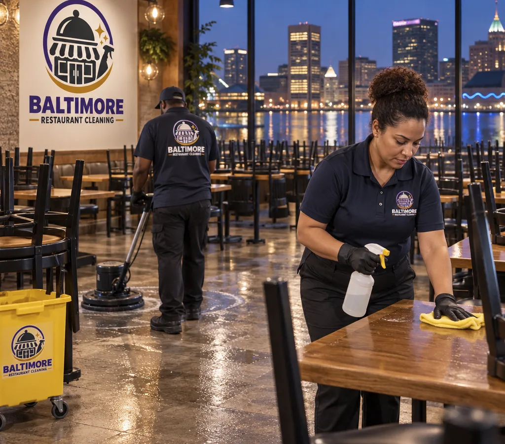 After-hours restaurant dining room with chairs raised while a professional cleaner wipes high-touch surfaces and floors are cleaned