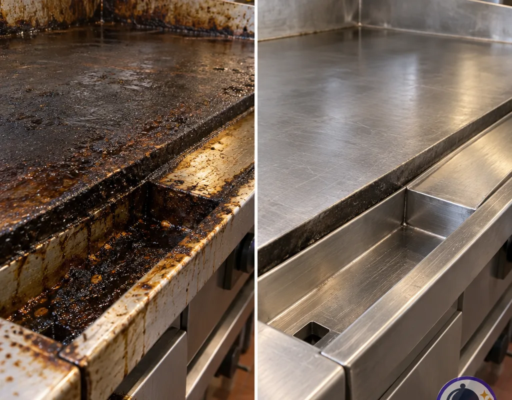 Griddle front and grease trough before and after detailed cleaning