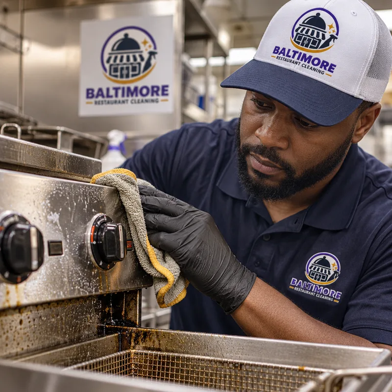 Fryer controls, knobs, seams, and splash zones being hand-detailed