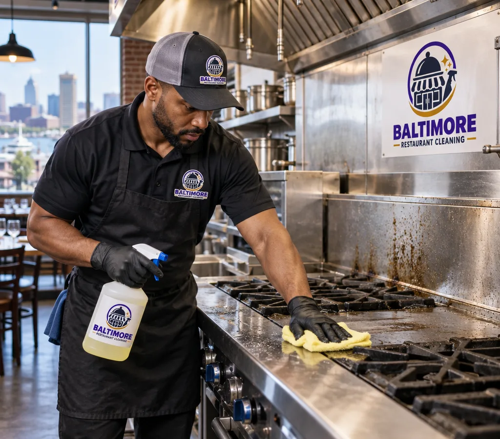 Technician cleaning a stainless range and grease-prone equipment zones in a Parkville-area commercial kitchen