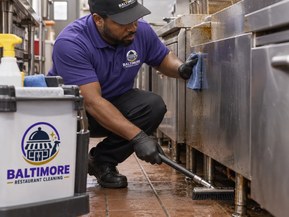 Cleaner detailing a fryer bank and the floor beneath it in a narrow commercial kitchen aisle