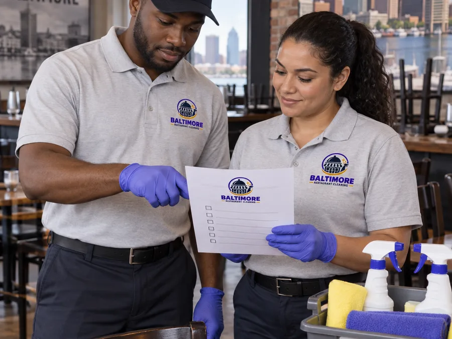Uniformed cleaners reviewing a restaurant cleaning checklist before work