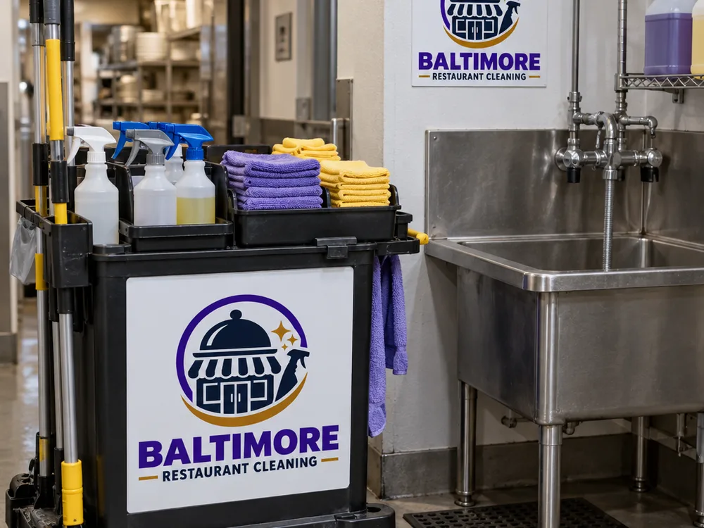 Organized commercial cleaning caddy staged beside a restaurant mop sink